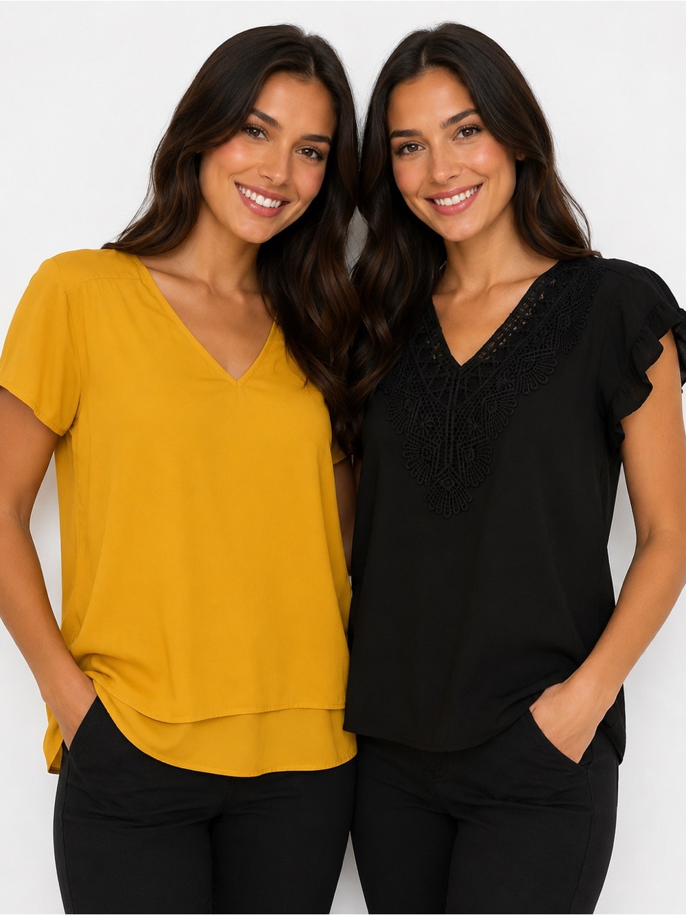 Women's V-Neck Flutter Sleeve Top - Mustard and Black - 0692